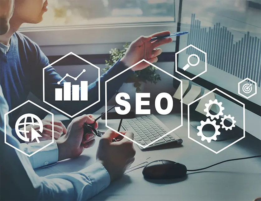 Graphic depicting SEO concept with marketing professionals