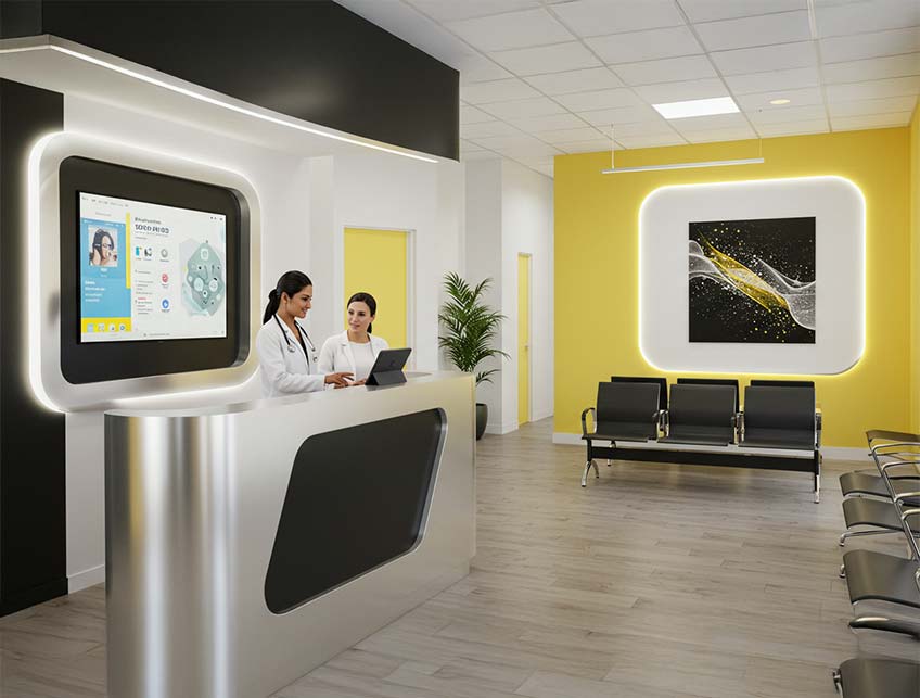 an advanced digital marketing medical practice with beautiful front lobby with technology